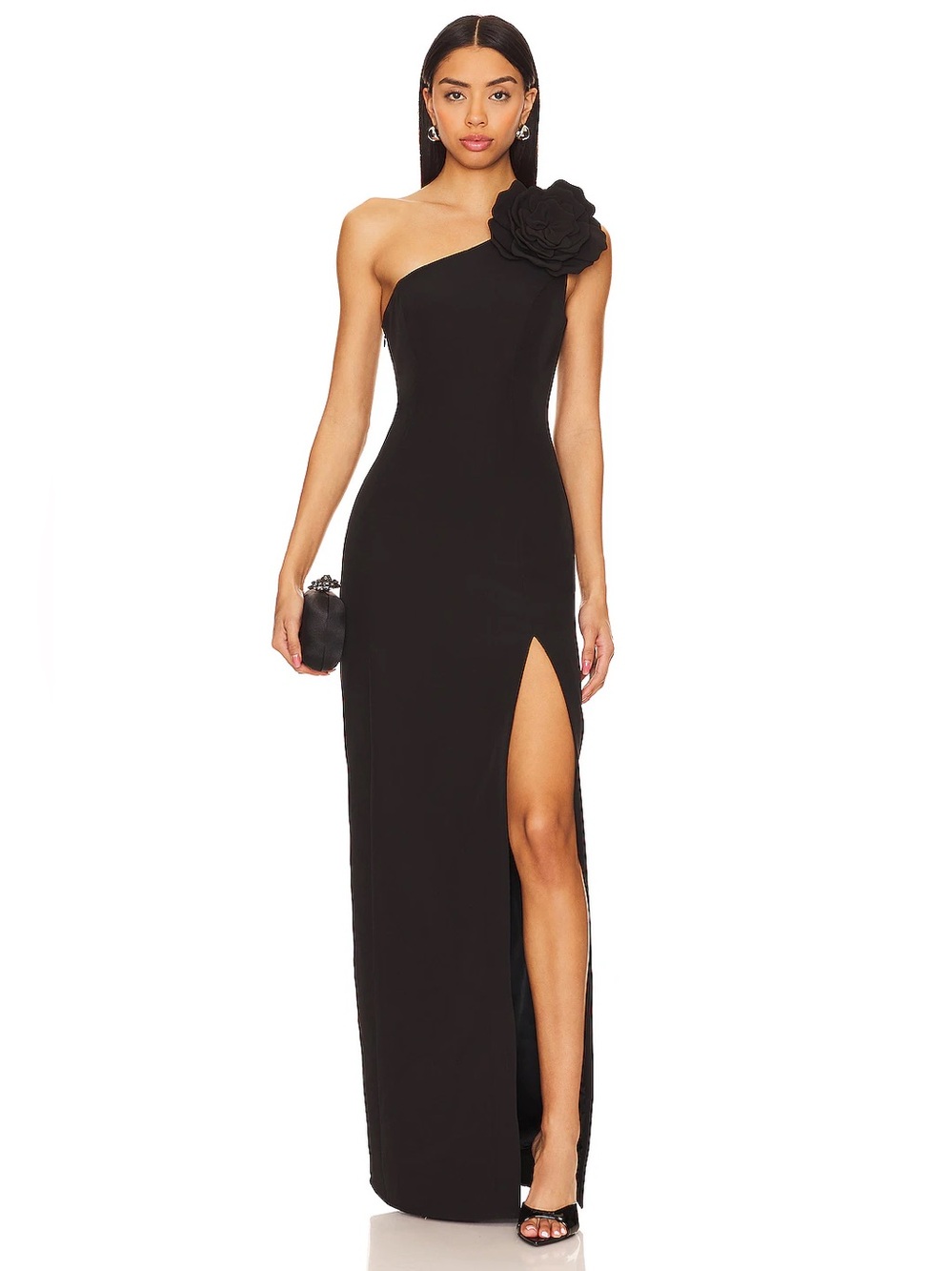 Lovers + Friends One-Shoulder Black Gown with Floral Shoulder